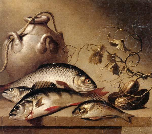Harmen van Steenwyck Still life of freshwater fish,together with an earthenware pot and ghrkins,upon a stone ledge China oil painting art